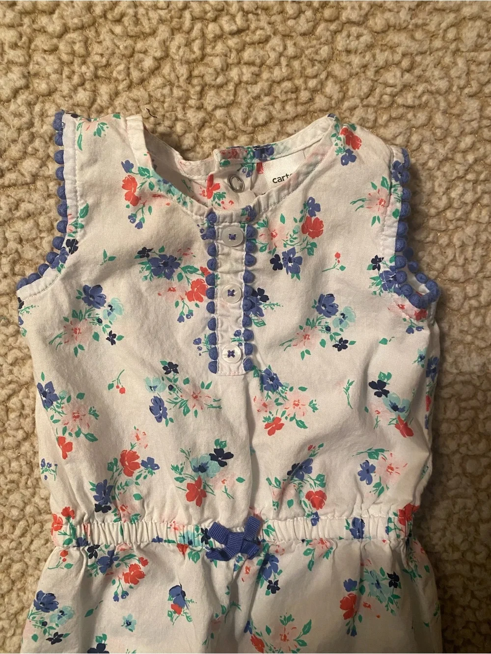 Carter’s Baby Girl Flowered Romper White W Pink Orange Blue Flowers Blue Bow